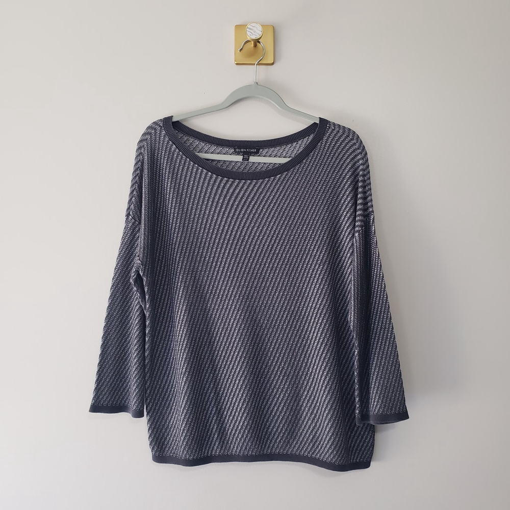 Eileen Fisher Knit Sweater Top Women Medium Navy Blue White Lightweight Coastal